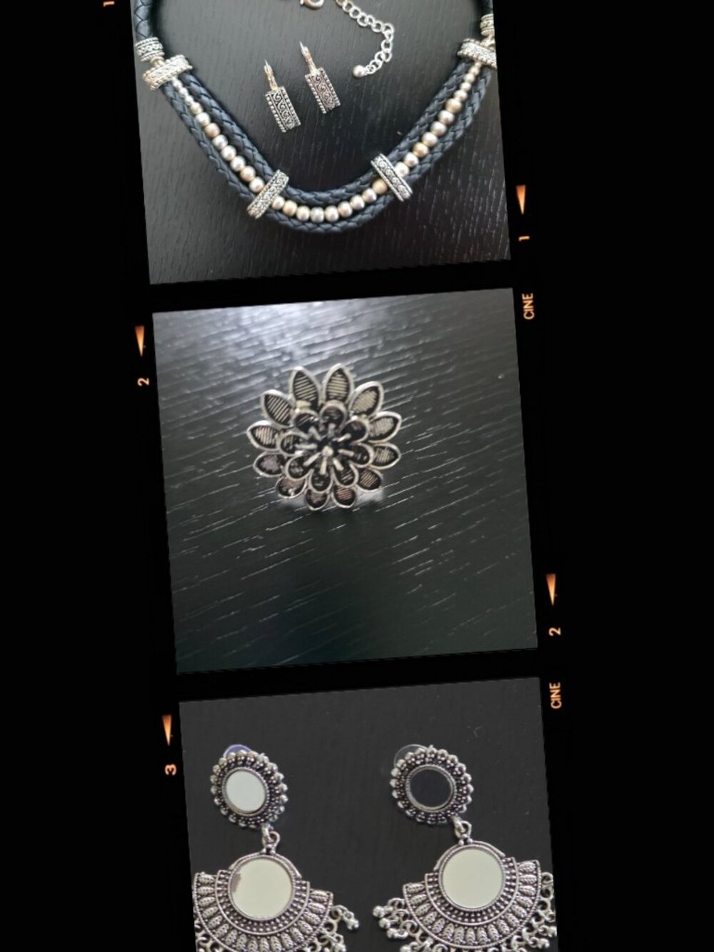 New Oxidized Silver 4-Pc Set Braided Choker Mirror Chandbali Earrings Ring